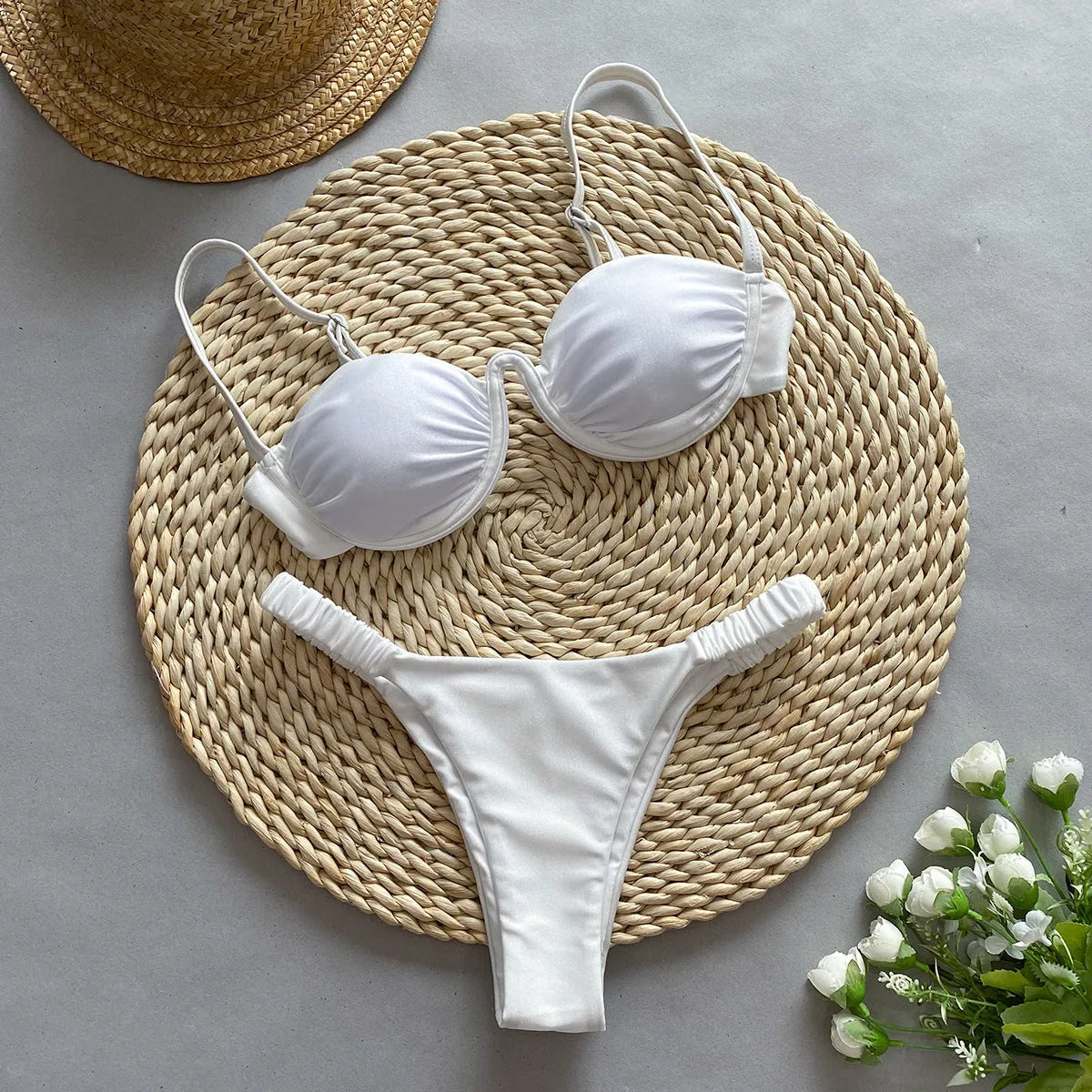 Women's underwire bikini swimsuit in khaki colour with sleeveless briefs style