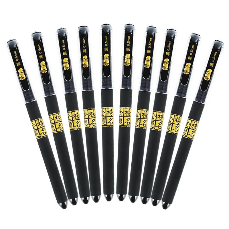 Eight carbon black gel pens with plastic bodies, featuring both bullet-tip and needle-tip options for writing