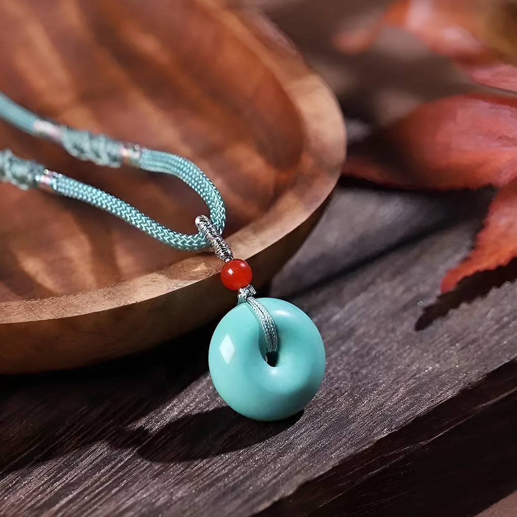 Natural turquoise peace buckle pendant necklace, 25mm round green polished turquoise pendant