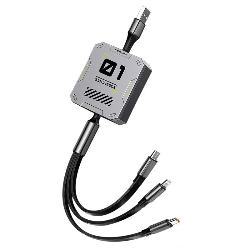 Three-in-one telescopic data cable, 100W fast charge, Mini USB, 0.5-1m, grey black and silver red