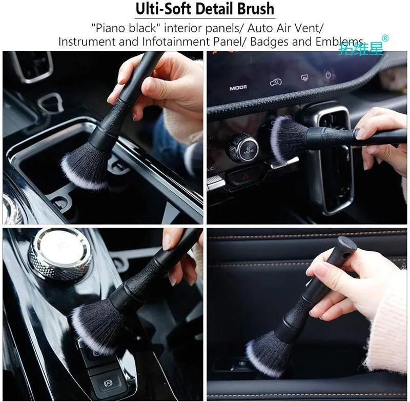 Black car detailing brush with ultra-soft pig hair bristles for gentle interior cleaning