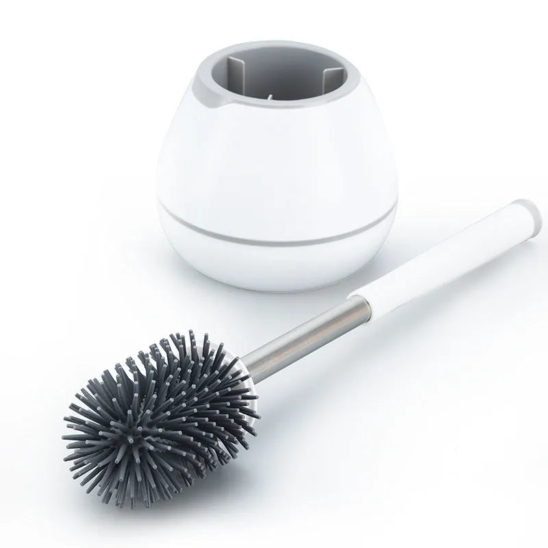 Silicone toilet brush with soft bristles, shown as round freestanding and wall-mounted options