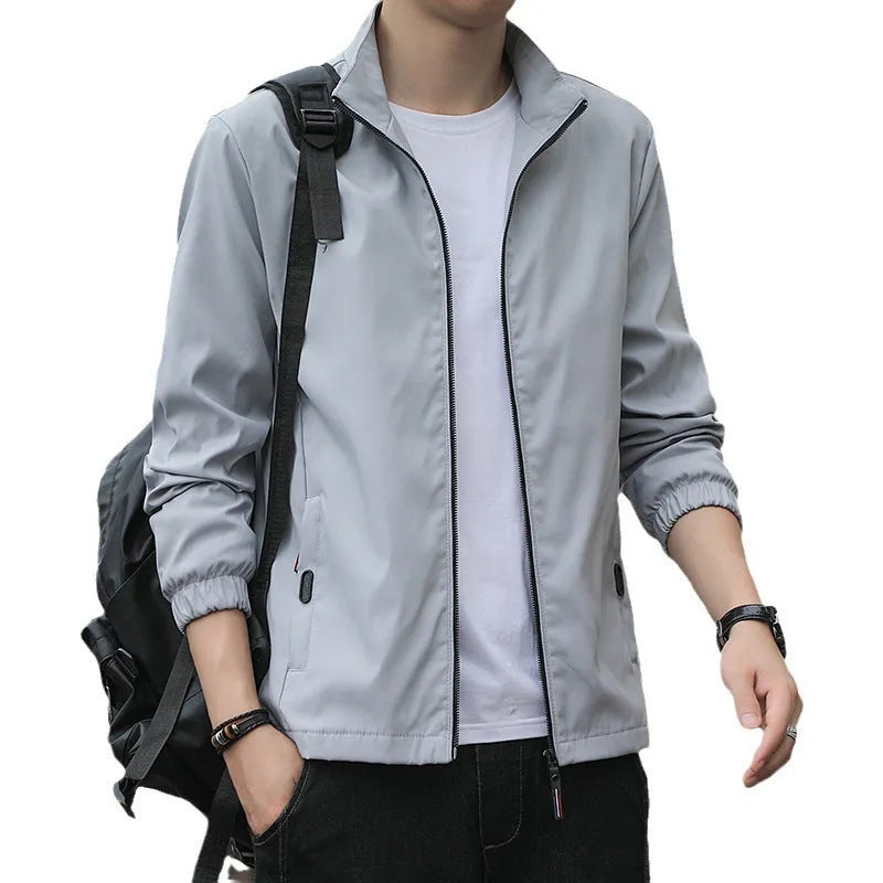 Korean style men's loose lapel casual jacket in polyester blend fabric with zip-up front