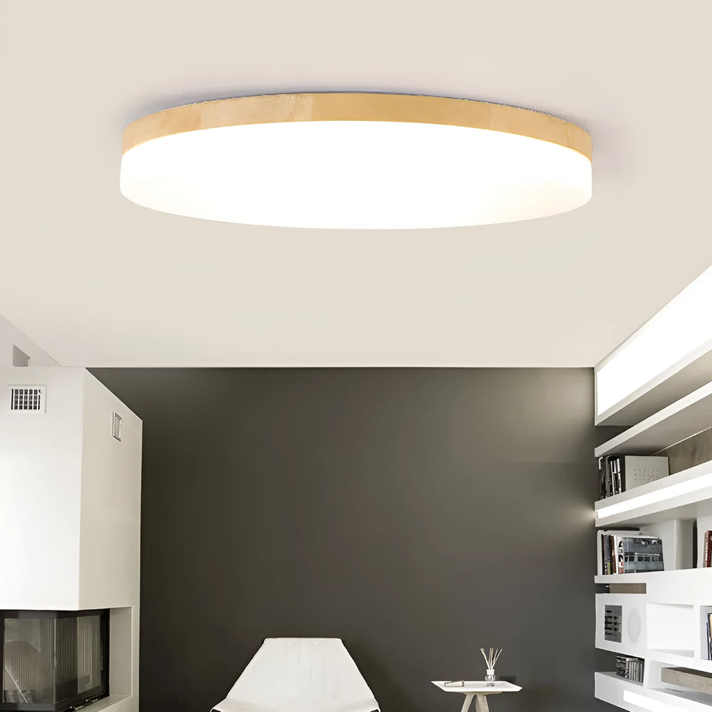 Japanese minimalist ceiling lamp with wood art body and acrylic shade in three available sizes.