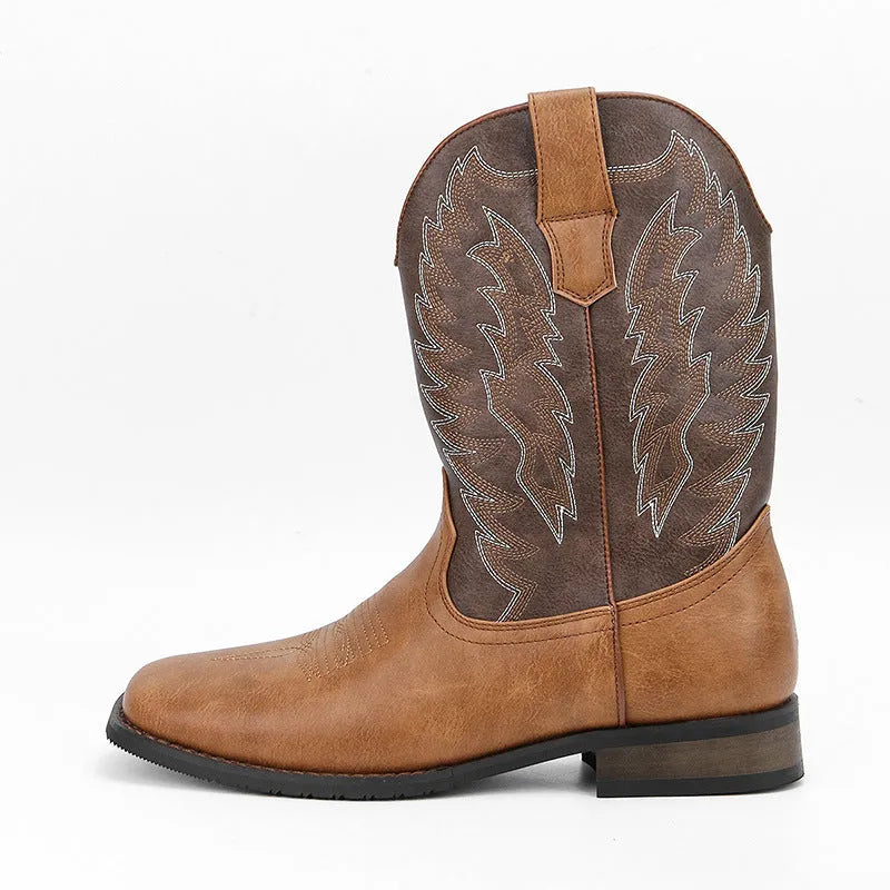 Men's black square toe Western-style motorcycle boots with embroidery detail on a mid-calf shaft.