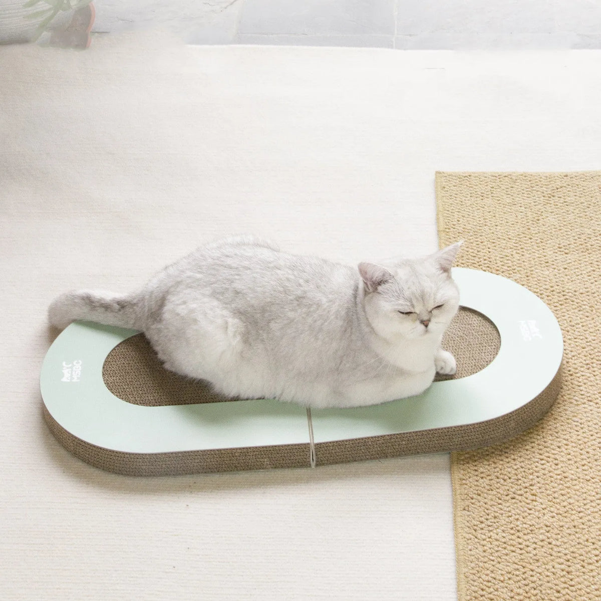 Green folding corrugated paper cat grab board with ball, L660 x W300 x H42mm, Japanese style cat scratcher