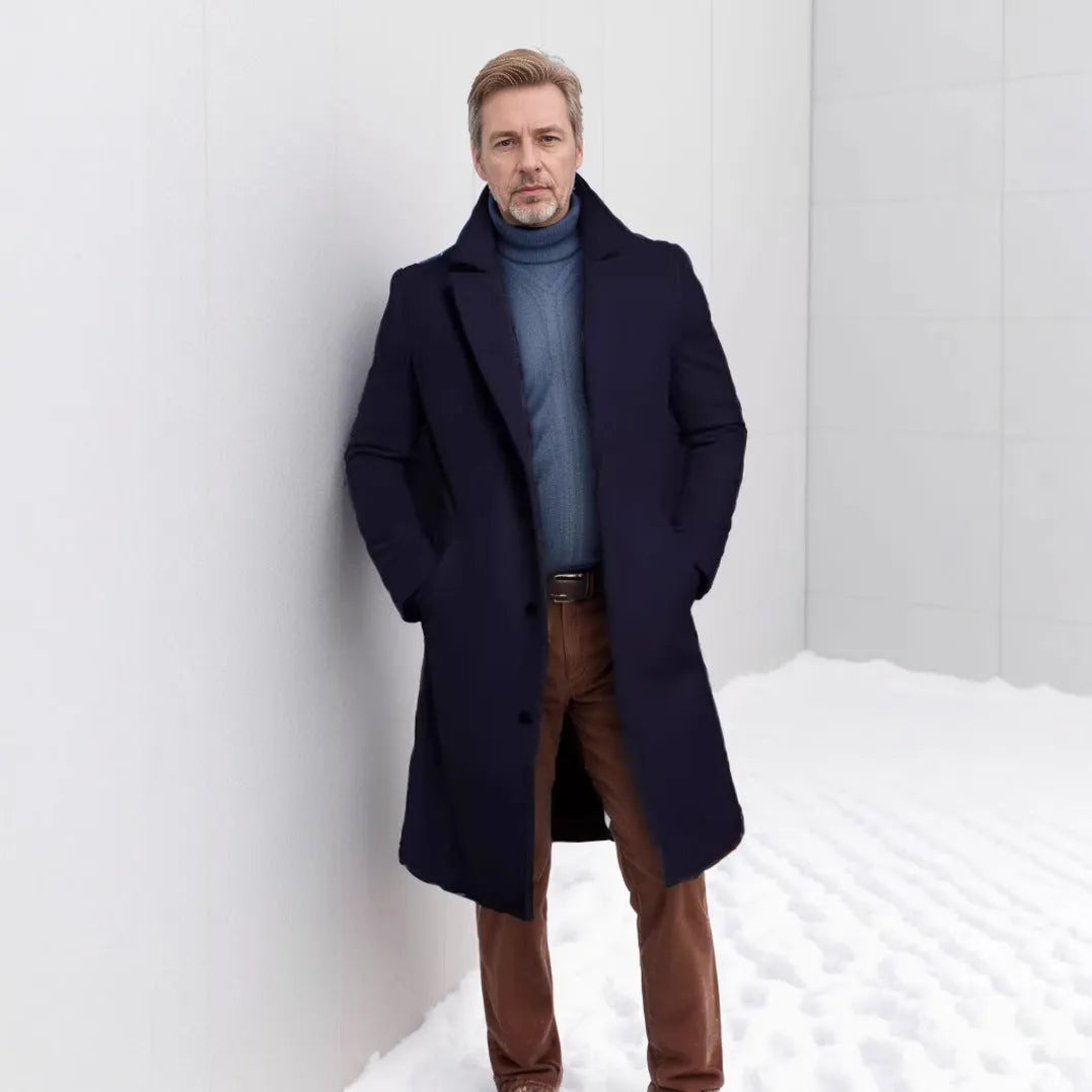 Men's mid-length solid colour woolen coat in black with side seam sidekick pockets