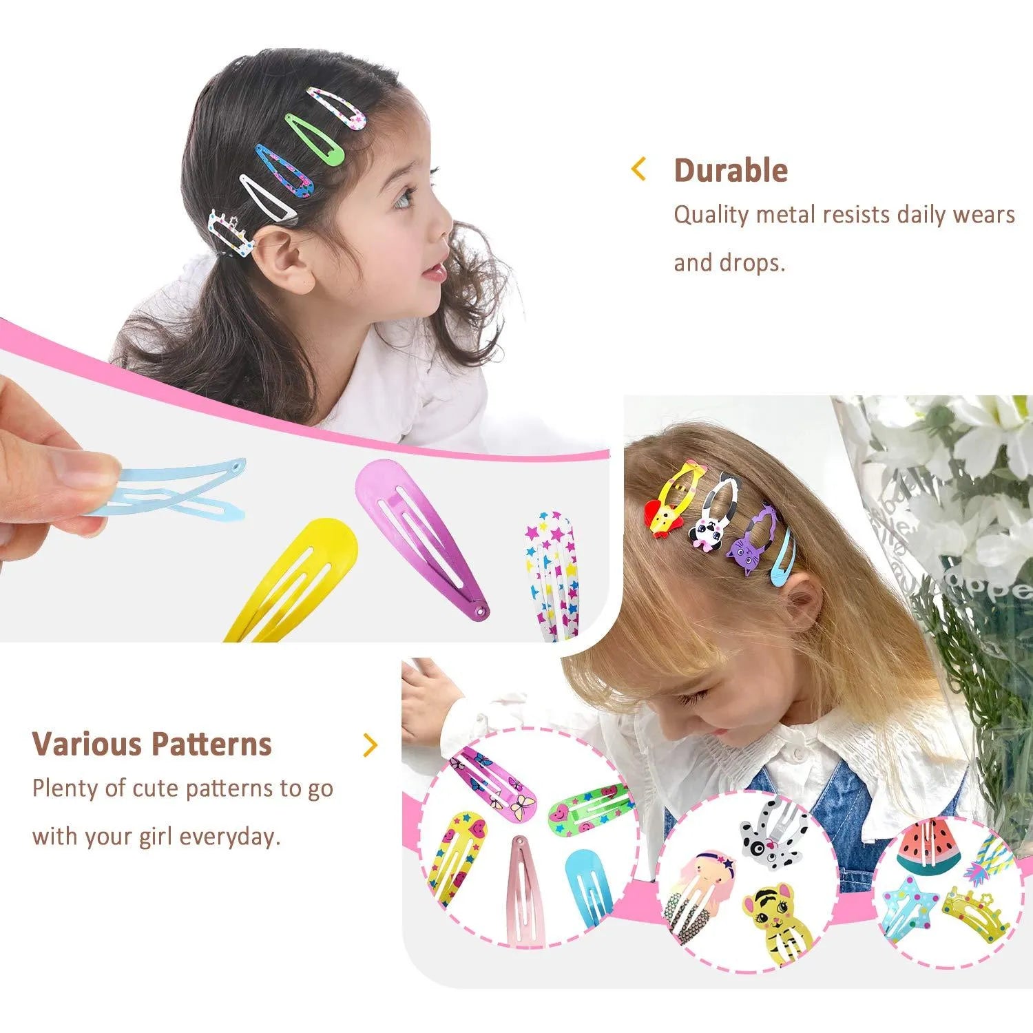 Assortment of 100 metal hair clips in candy colours with cartoon designs of animals, fruits, crowns, and stars.
