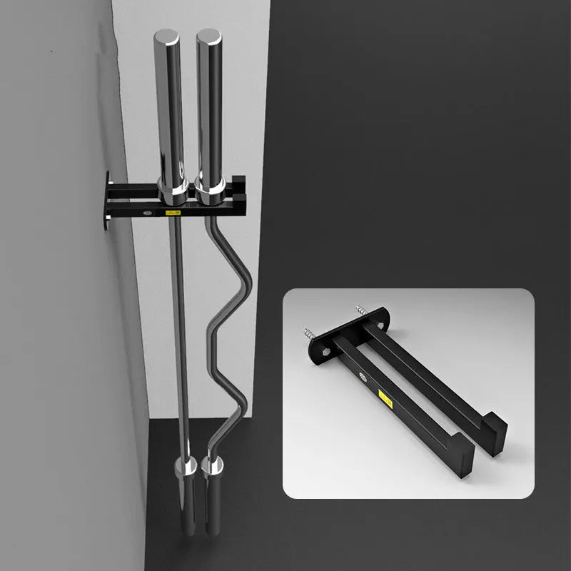 Wall mounted steel barbell holder in matte black finish holding multiple bars in home gym