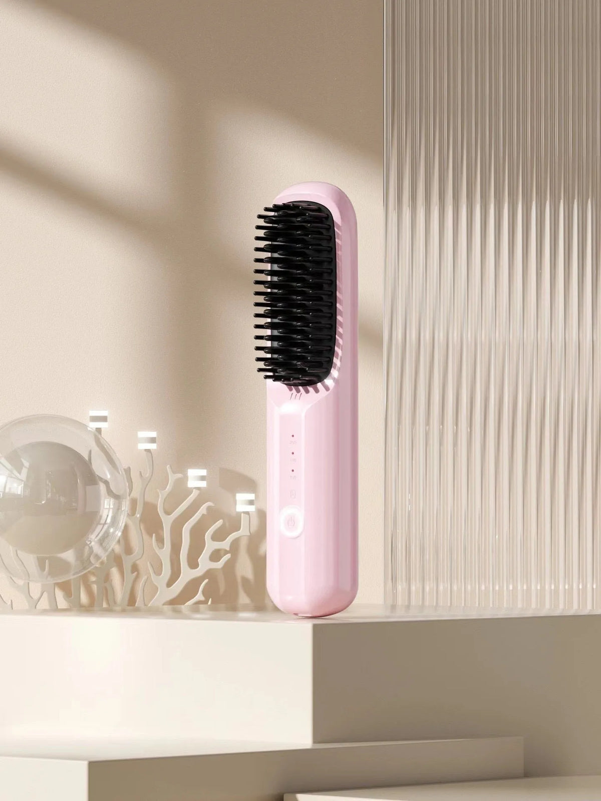 Anion wireless hair straightening comb in beige, black, pink, or purple colours with Type-C charging port.