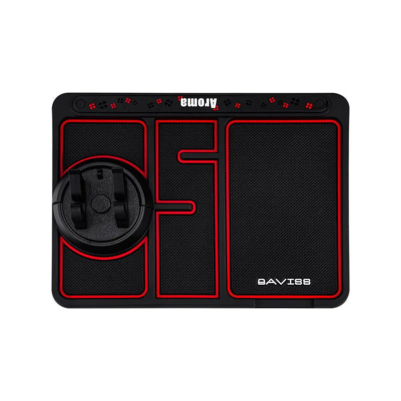 Black non-slip car phone pad with red edge on dashboard, 4-in-1 design with 360 degree rotation, PVC material