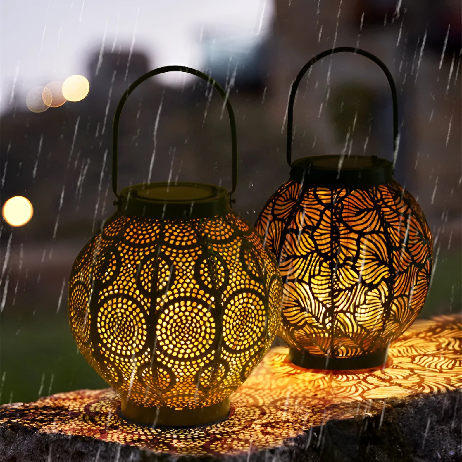 Hollow iron solar courtyard lamp with decorative design for outdoor garden lighting