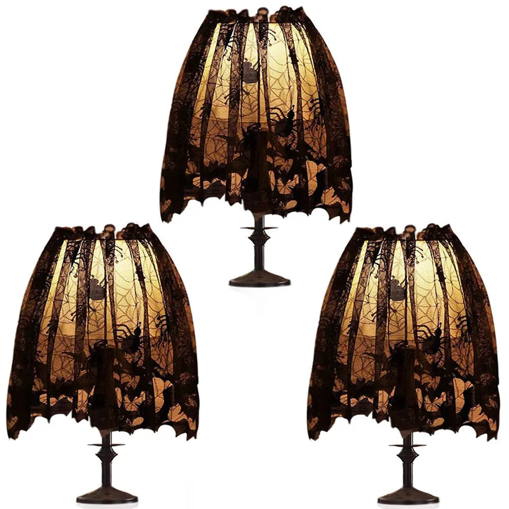 Black lace spider mesh Halloween tablecloth, rectangular 50 x 152cm polyester, with ribbon.