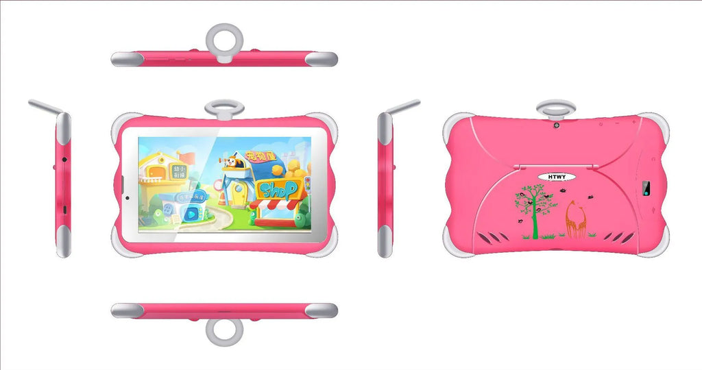 7-inch children's learning tablet in cartoon colours with stand showing 3G calling functionality
