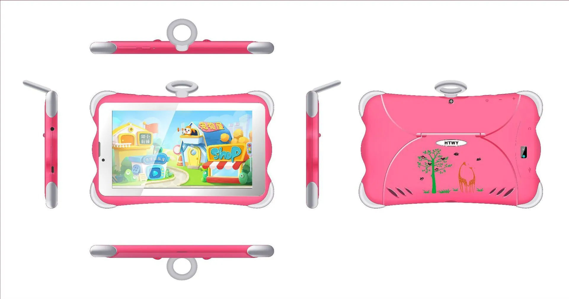 7-inch children's learning tablet in cartoon colours with stand showing 3G calling functionality
