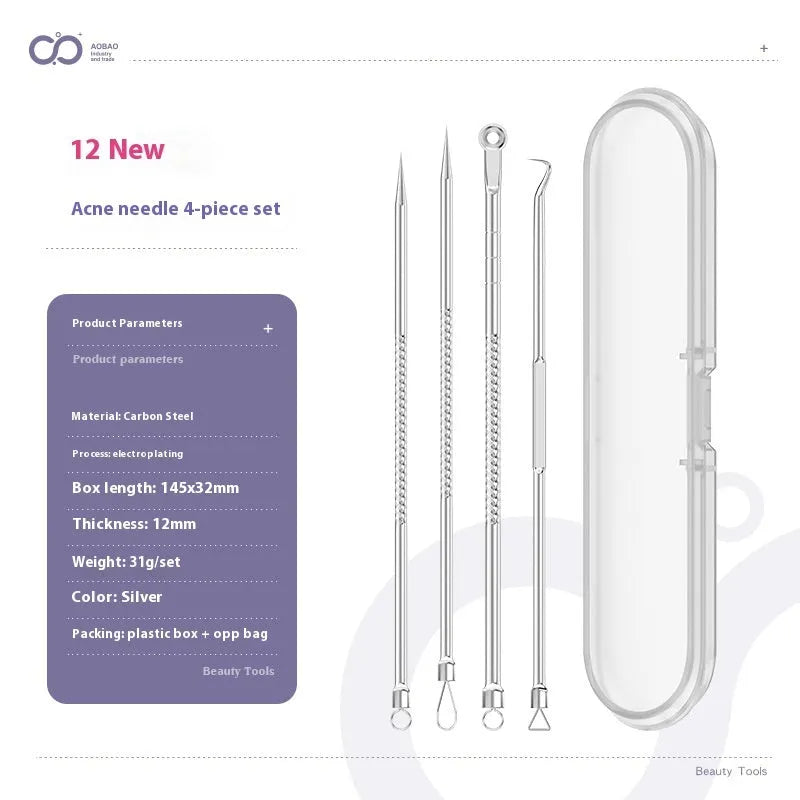 Four metal acne needle tools with pointed tips on a white background.