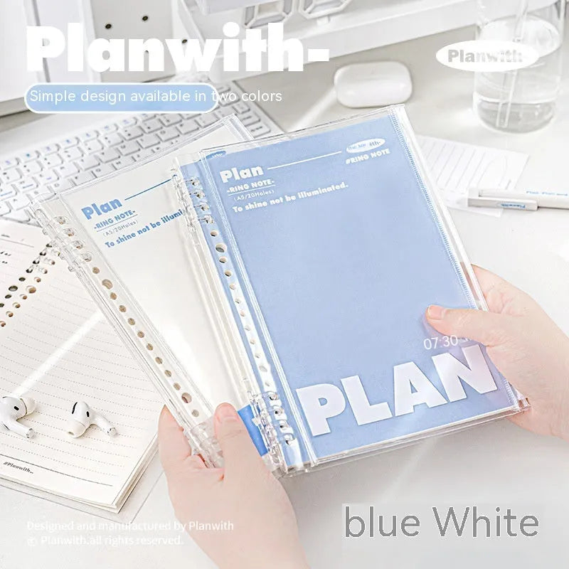 A5 loose spiral notebook with PVC binding in white and blue colour options showing removable page function