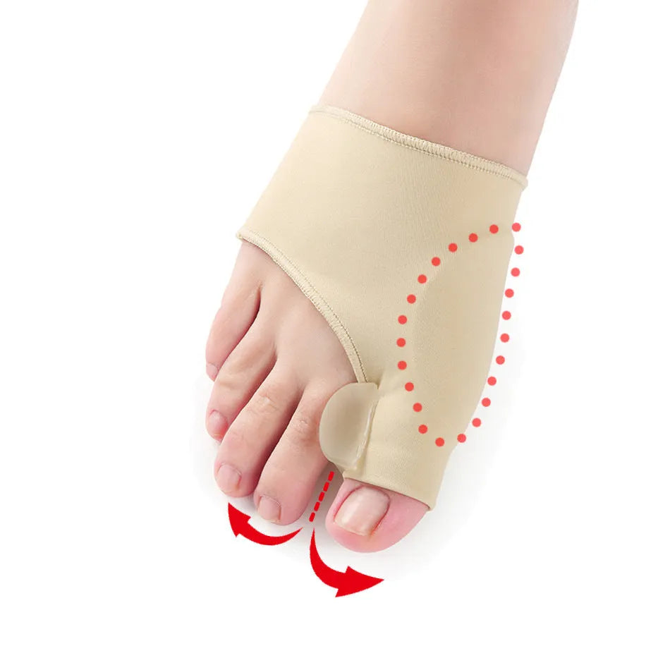 Corrective toe socks with silicone gel toe separator for bunion pain relief in sizes S, M, and L.