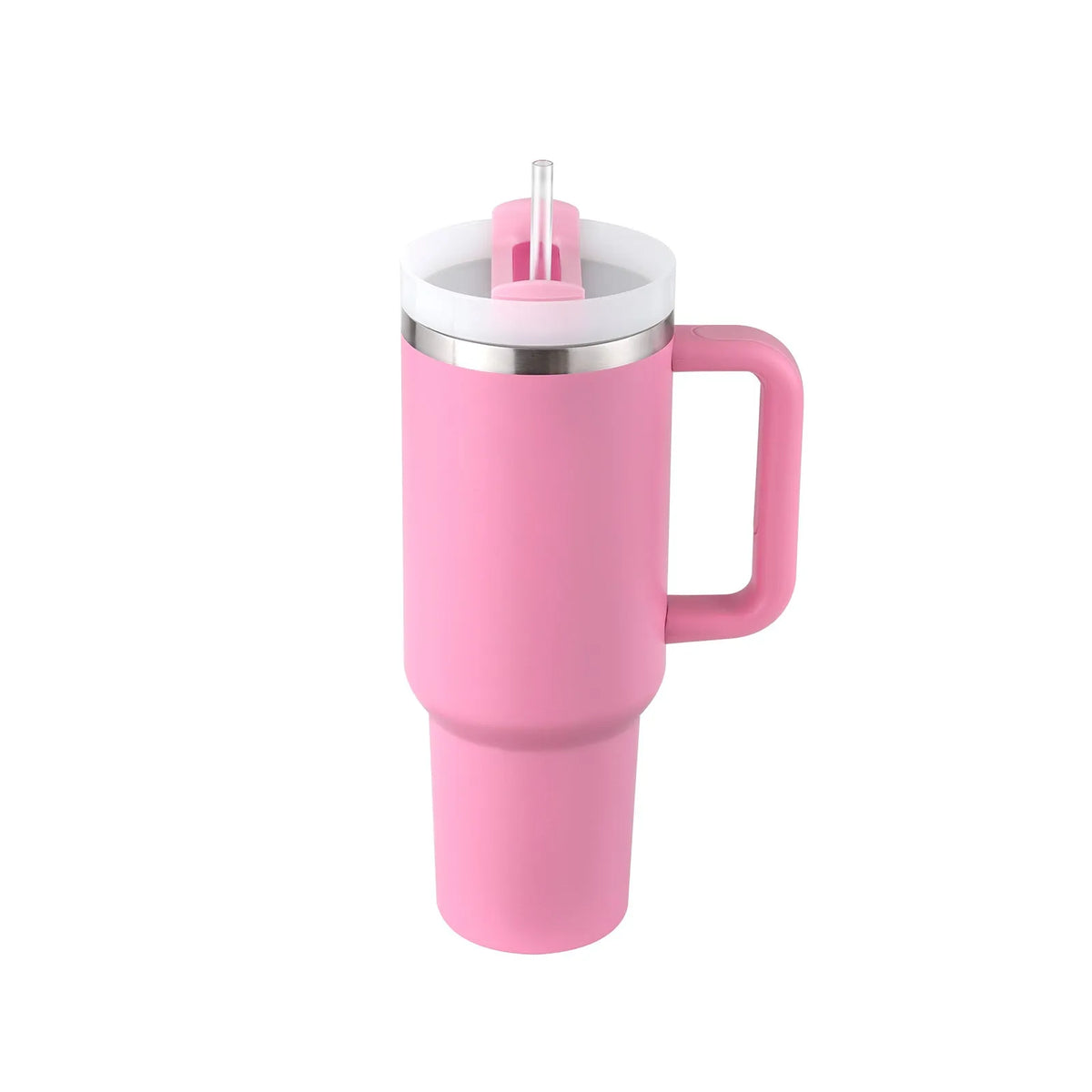 40 oz insulated stainless steel tumbler with handle straw and spill proof lid in a tapered design for car or gym use