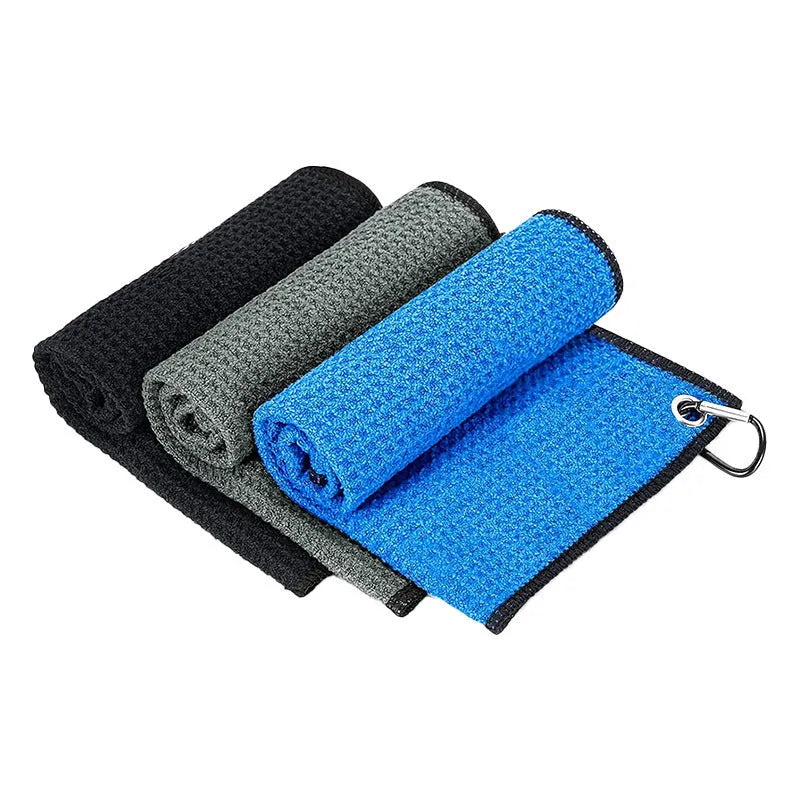 Waffle weave golf ball cleaning cloth towel showing texture detail and colour options