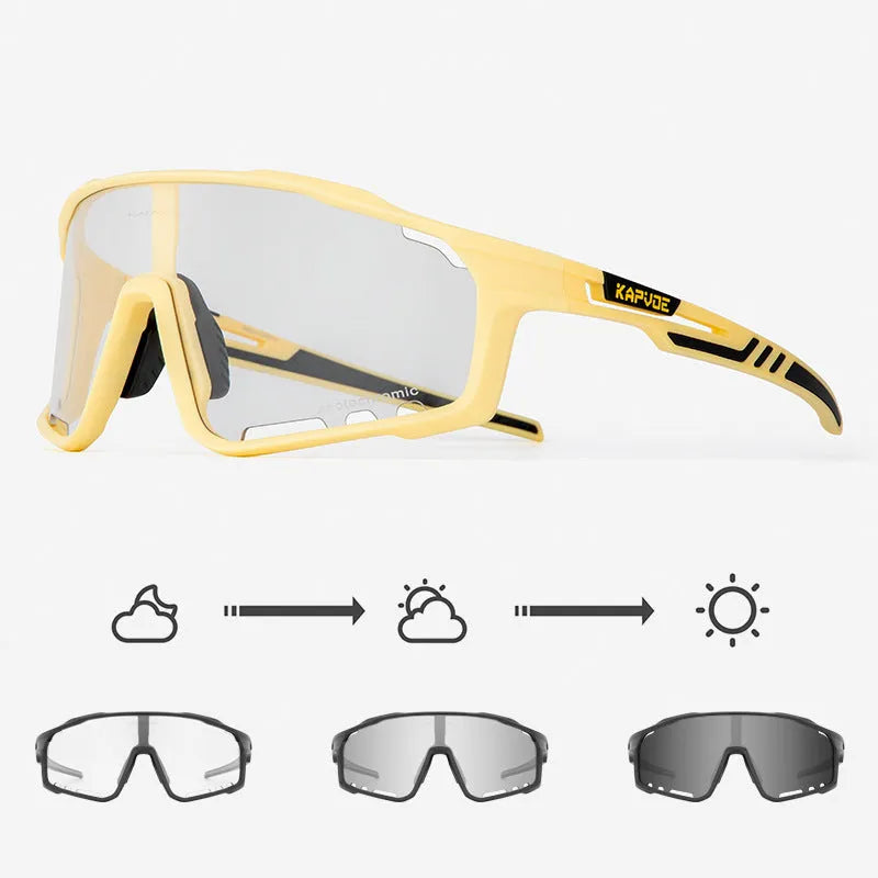 Photochromic cycling sunglasses with semi-rimless TR90 frame on a solid colour background