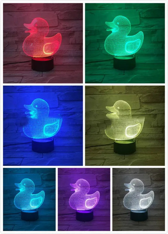Little Yellow Duck 3D LED night light showing acrylic duck shape on ABS base, with remote control.