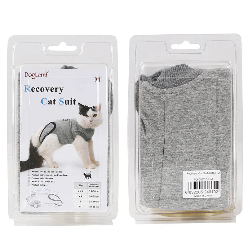 Pure cotton cat recovery suit for post-surgery, anti-lick design, sizes XS S M.
