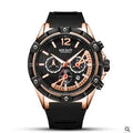 Men's fashion watch with 48mm case, chronograph, luminous hands, and 3 ATM water resistance in rose black.