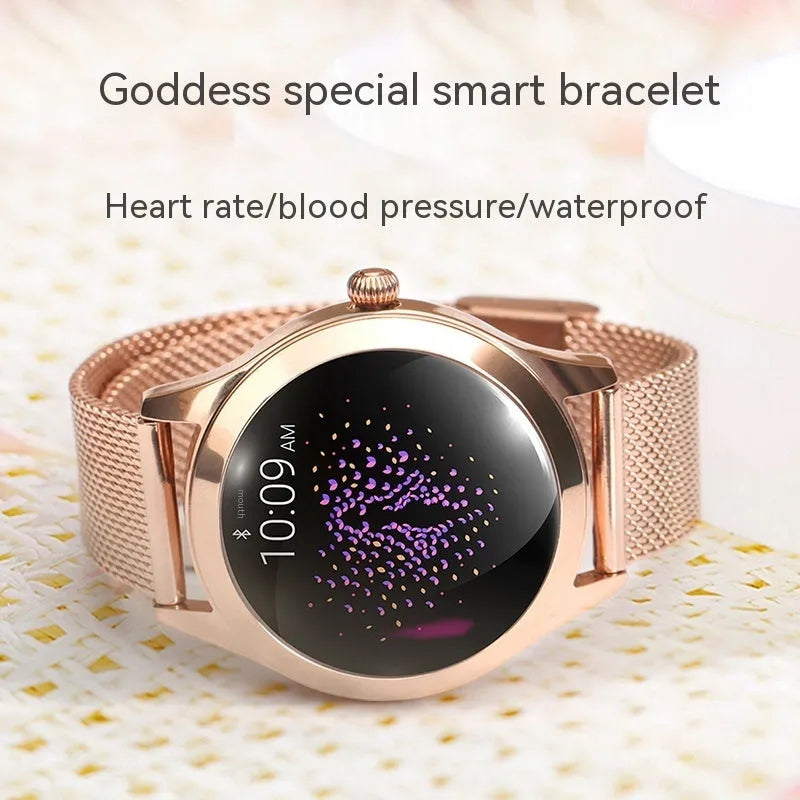 Women's multi-functional sports smartwatch showing heart rate monitoring and available in four colours