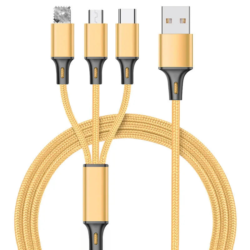 Braided 3-in-1 universal charging cable with aluminium alloy connectors for iPhone Android and Type-C devices