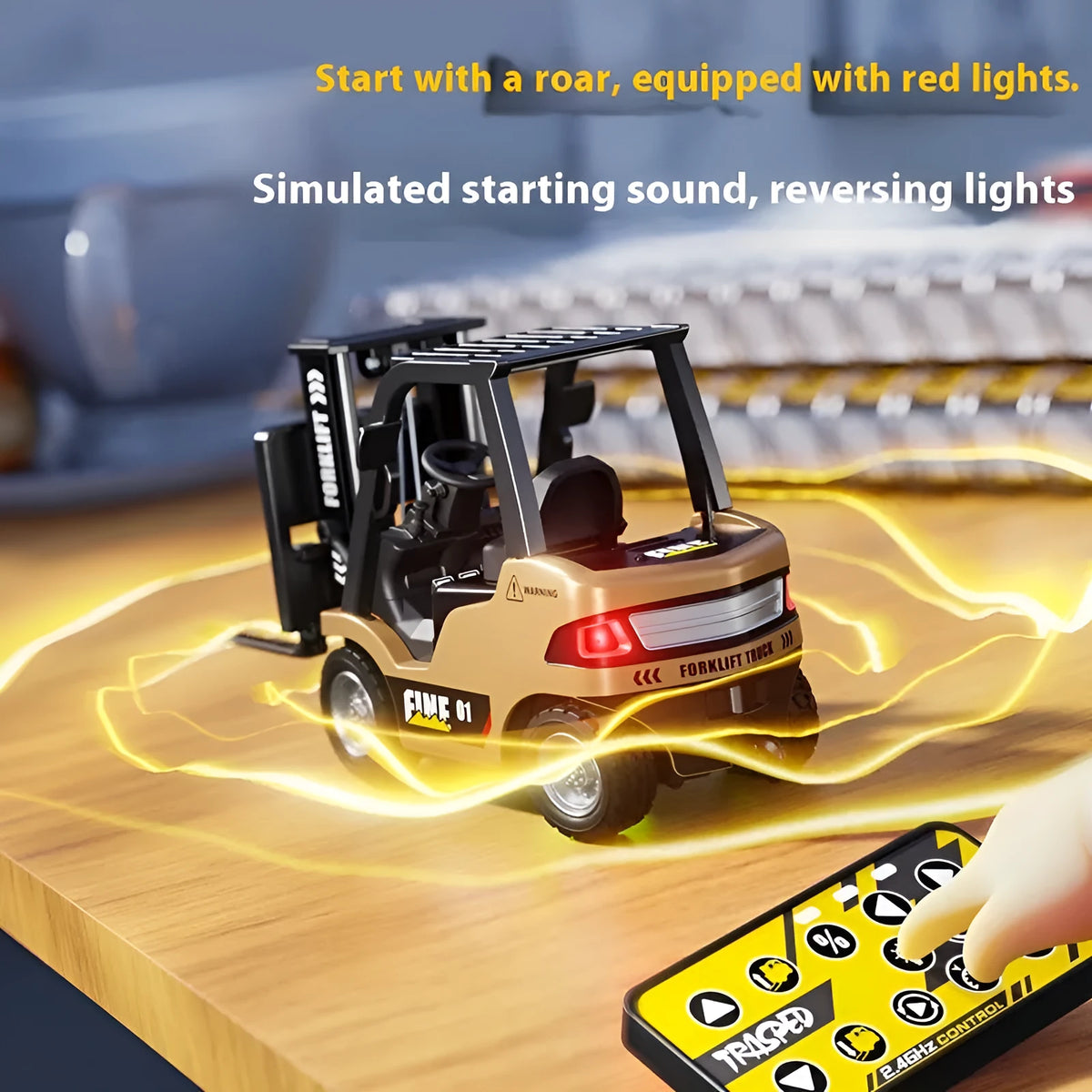 1:64 scale die-cast alloy Bluetooth remote-control forklift model with accessories on a table