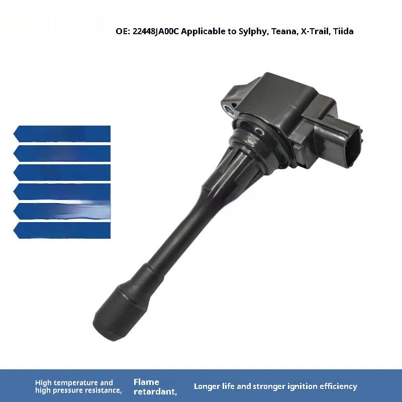 Black ignition coil for Nissan 4-cylinder engines model 22448JA00C