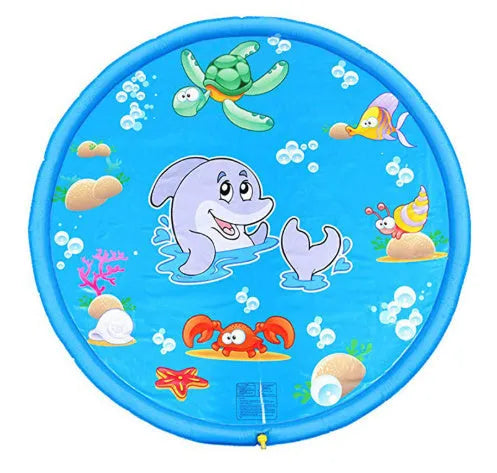 Blue PVC water spray play mat with marine animal graphics measuring 100cm by 170cm for children's outdoor water games
