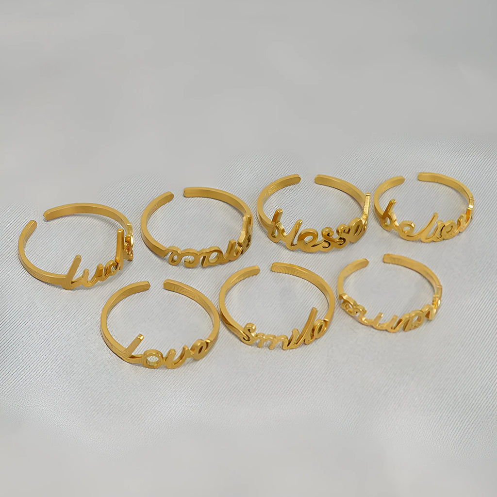 Gold electroplated stainless steel adjustable open ring with letter design, unisex style