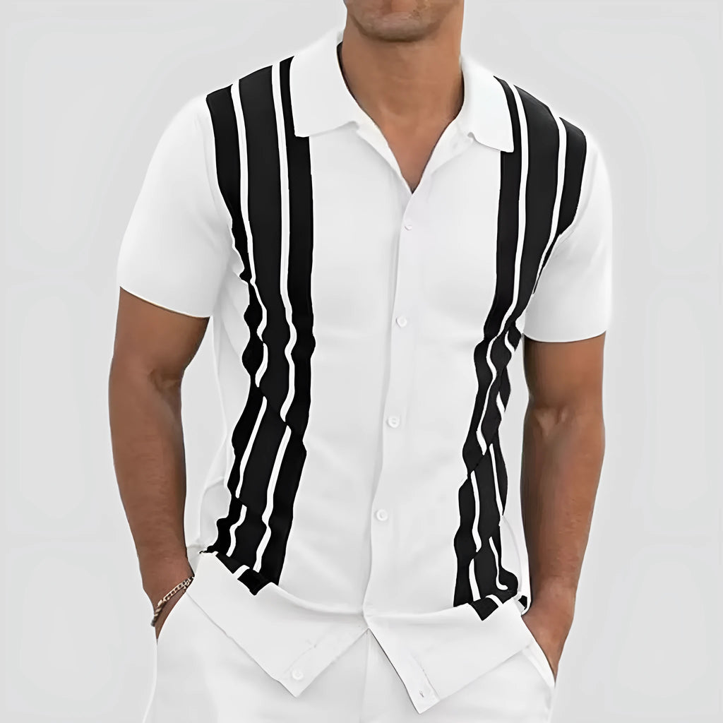 Men's summer short-sleeved polyester cardigan shirt shown in a single colour option against a plain background