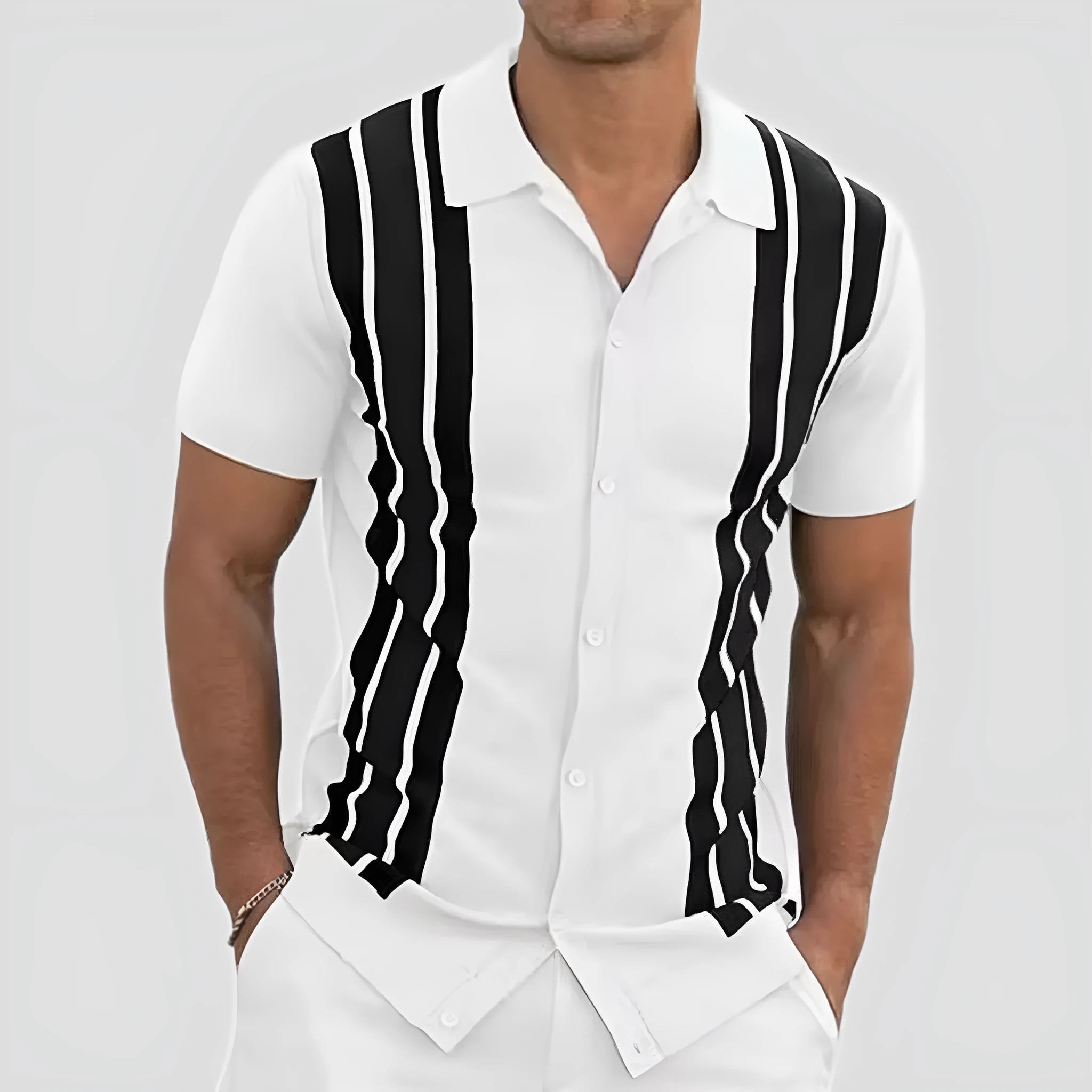 Men's summer short-sleeved polyester cardigan shirt shown in a single colour option against a plain background