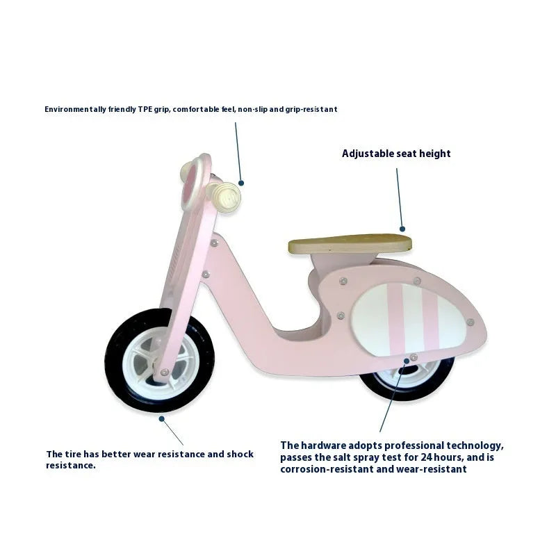 Pink wooden balance scooter for toddlers with 10 inch wheels