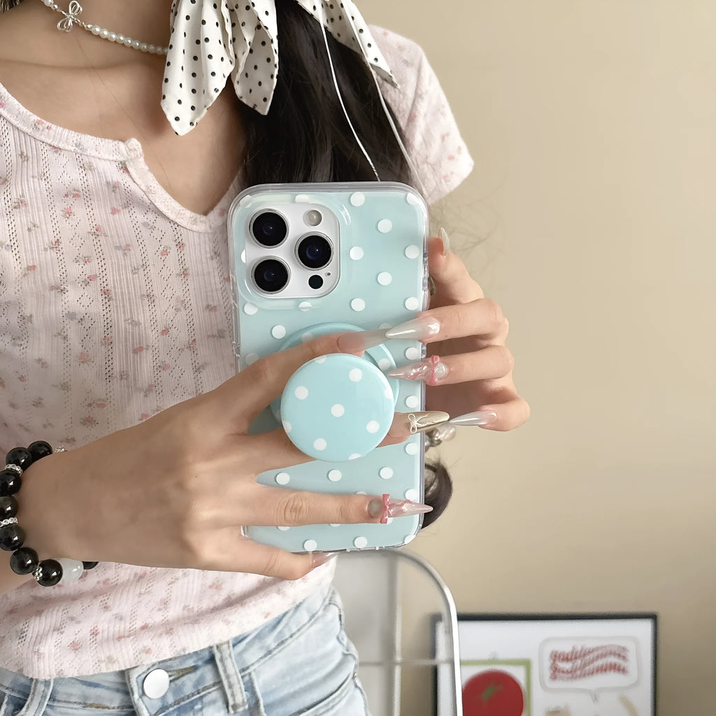Polka dot phone case with magnetic bracket in pink purple blue and black for iPhone 13 14 15 16