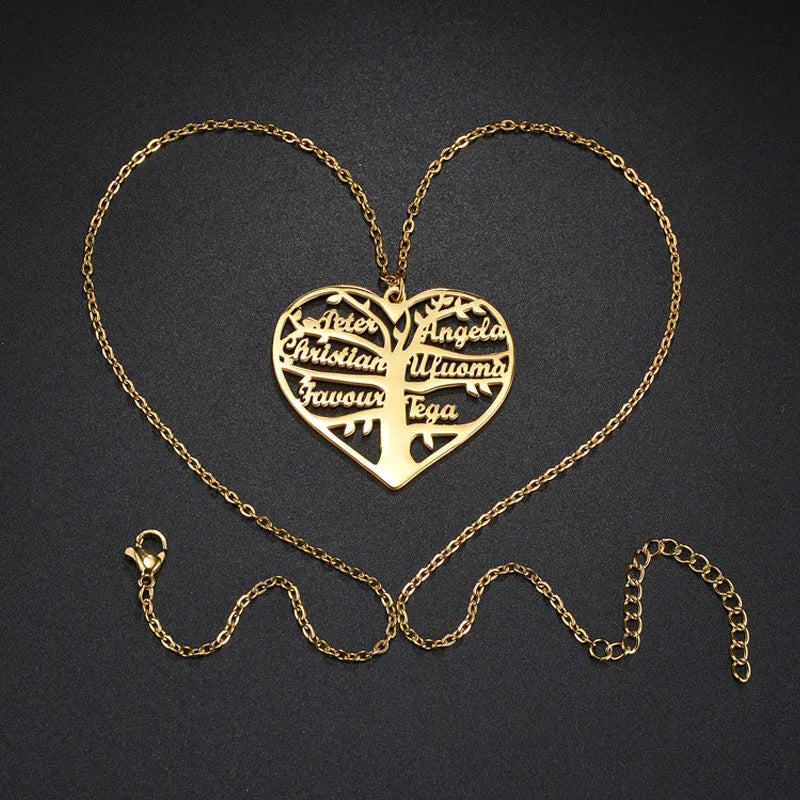 Custom stainless steel name necklace with heart and tree pendant, shown in silver, gold, and rose gold finishes.