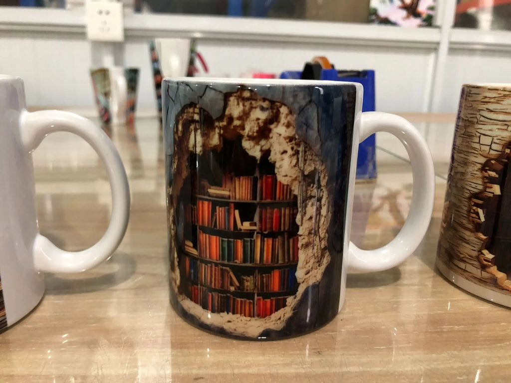 3D bookshelf ceramic mug with handle featuring library shelf design, 350ml capacity, 9.8x8cm size