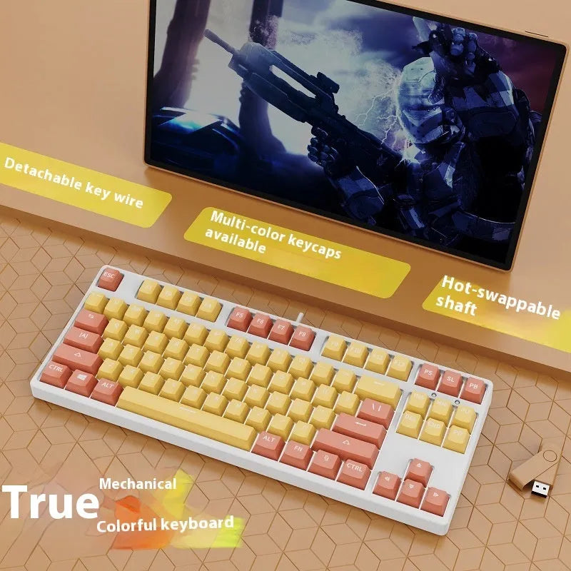 87-key wired mechanical keyboard with hot-swappable switches showing multiple colour combination options