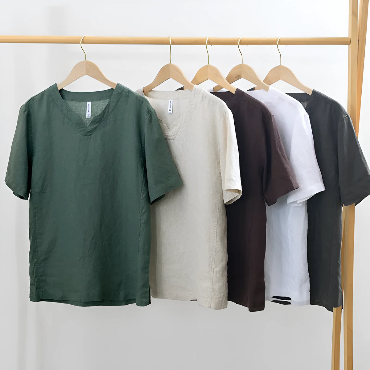 Personalized simple casual linen T-shirt top in brown, green, dark gray, khaki, or white, short sleeve, sizes M to 3XL