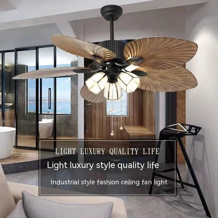 52-inch retro ceiling fan light with wooden blades and five-light copper lampshade