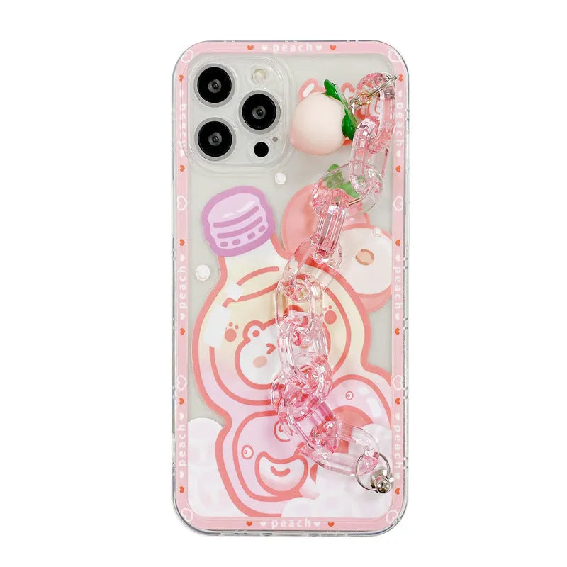Bear white peach juice silicone phone case with summer drink chain design and bracelet for iPhone 11