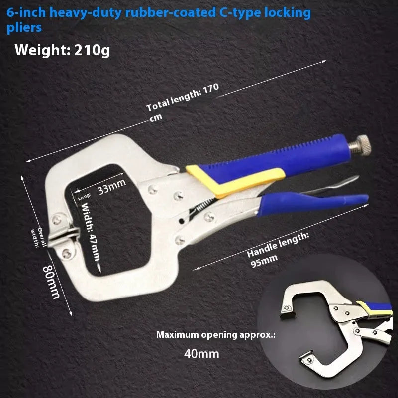C-type alloy steel vise grip clamp with large opening and screw mechanism on a black background