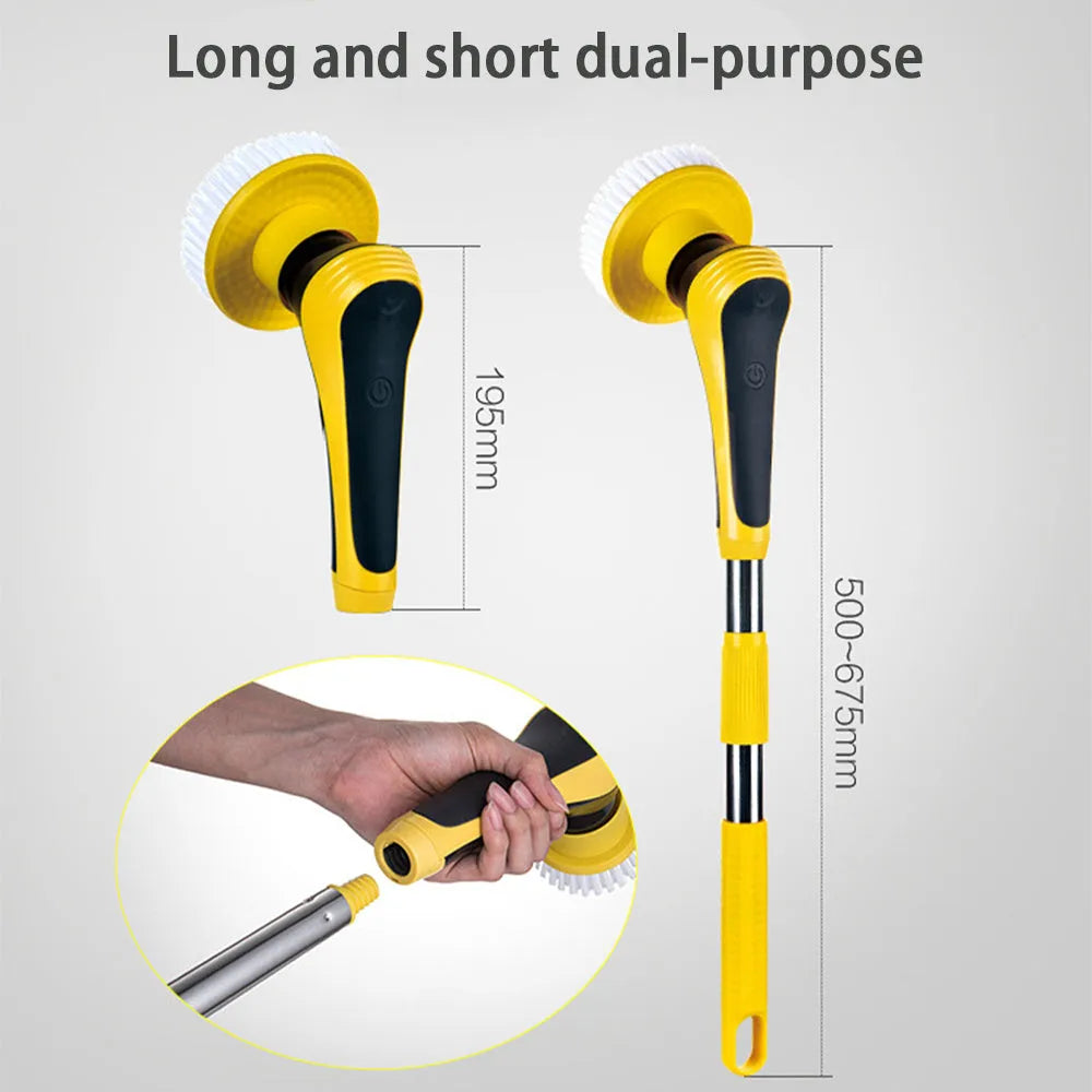 Yellow electric cleaning brush with adjustable handle and USB charging cable on bathroom floor