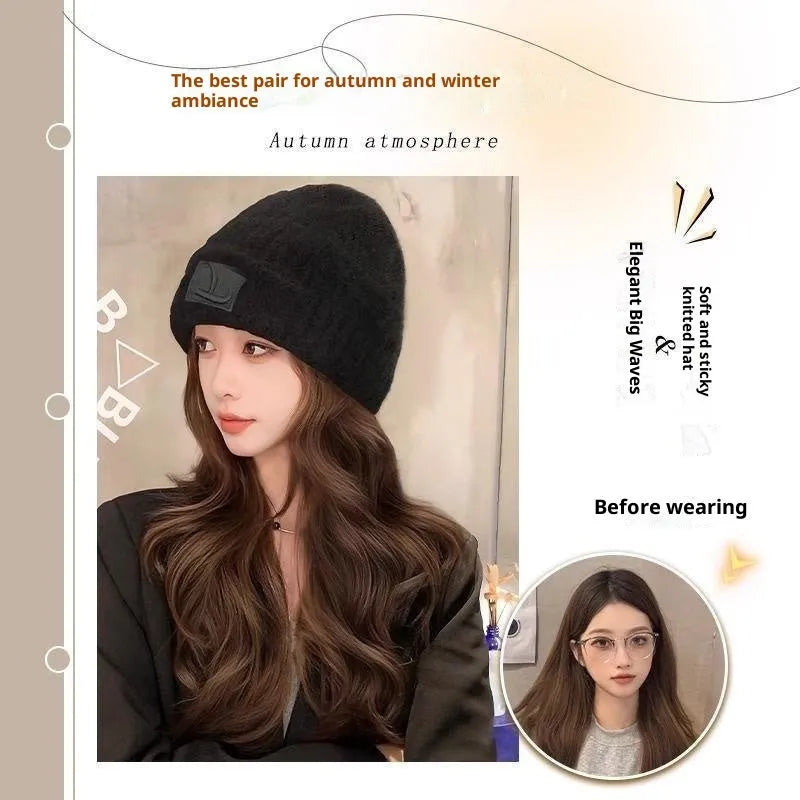 Hat wig for big head sizes with big wave protein filament style in cold brown colour
