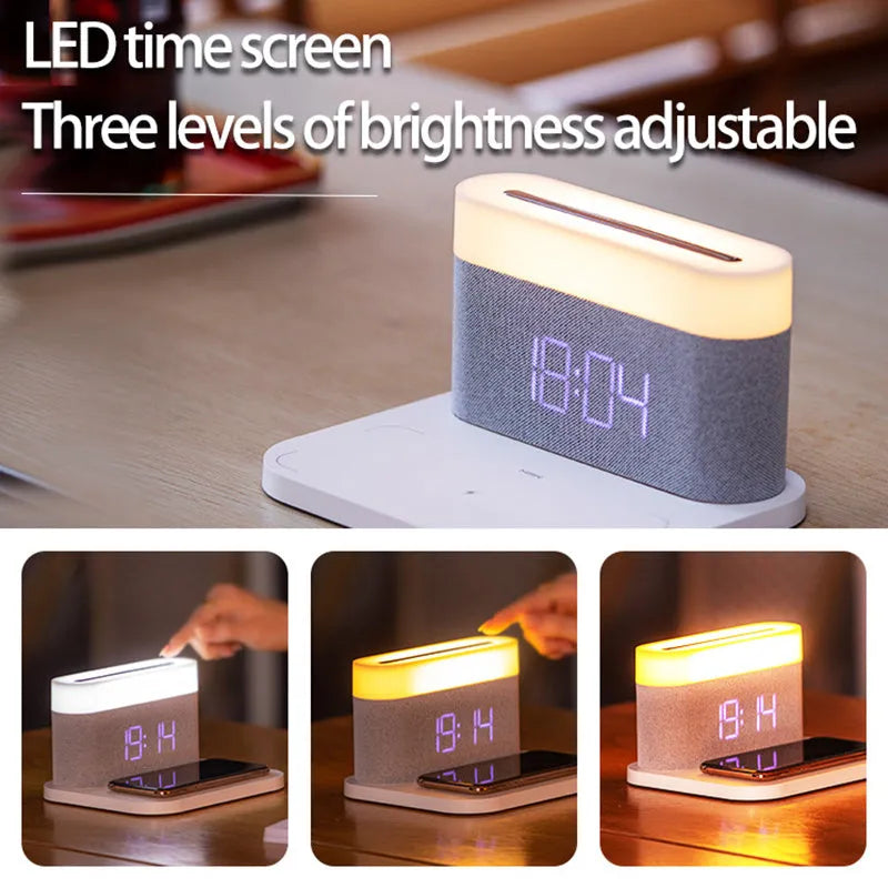 Wireless charging desktop clock night light lamp in black or white glass and ABS construction