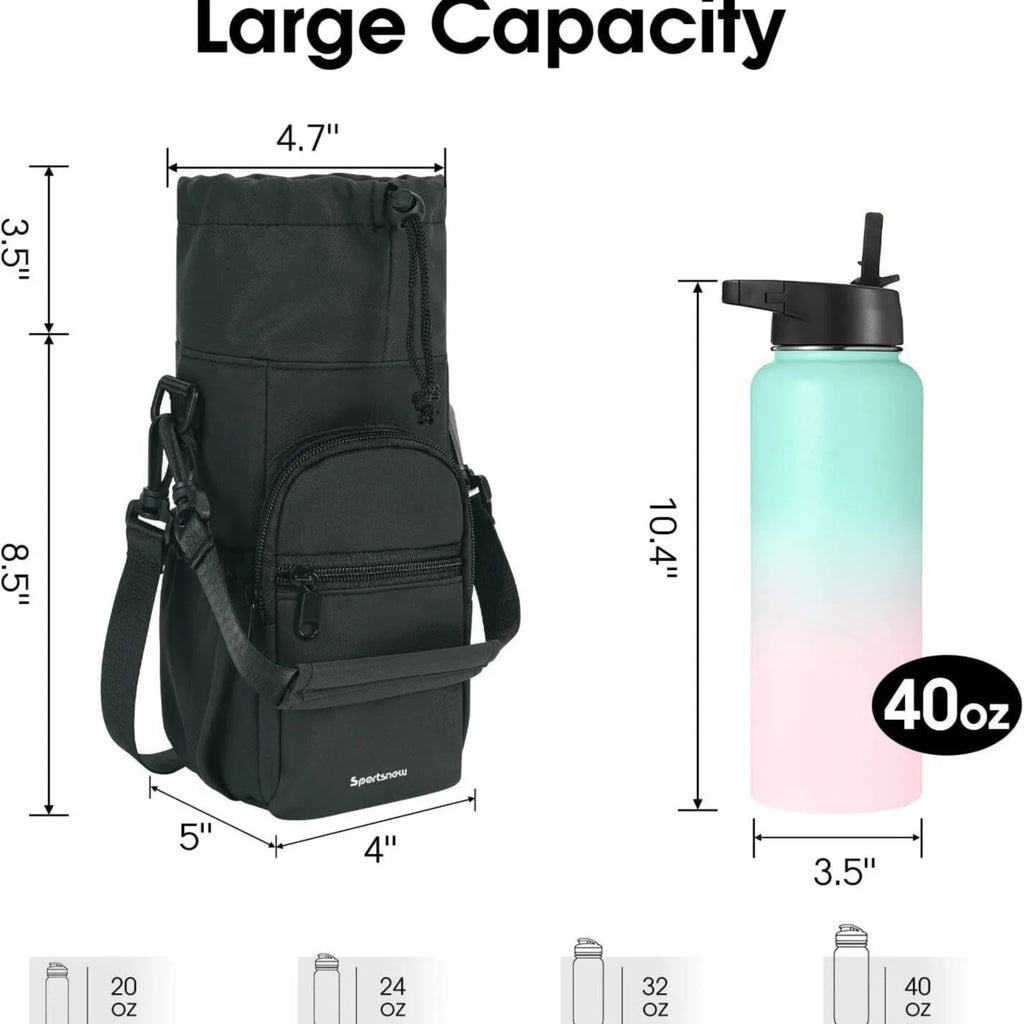 Cloth water bottle shoulder bag crossbody pouch in black, green, or pink.