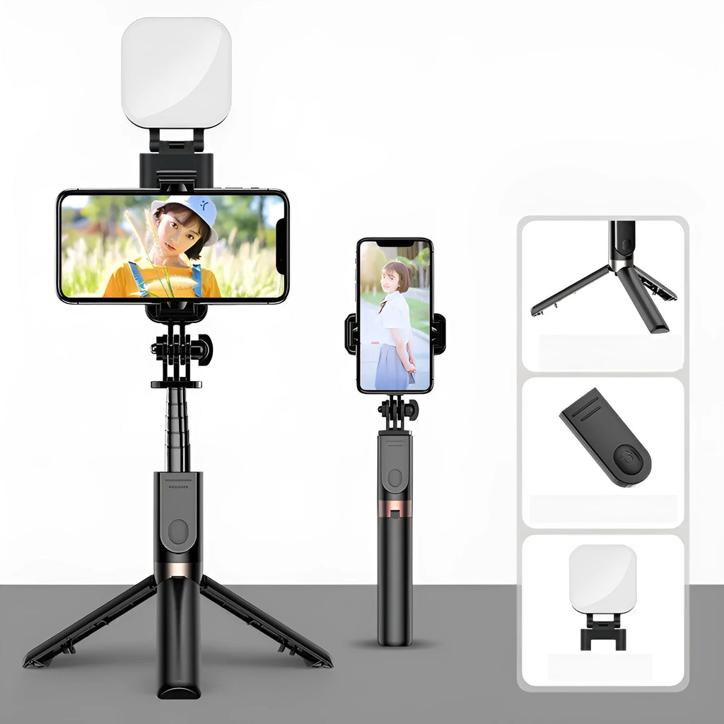 Aluminium alloy folding selfie stick desktop stand in black with wireless remote control and detachable fill light.